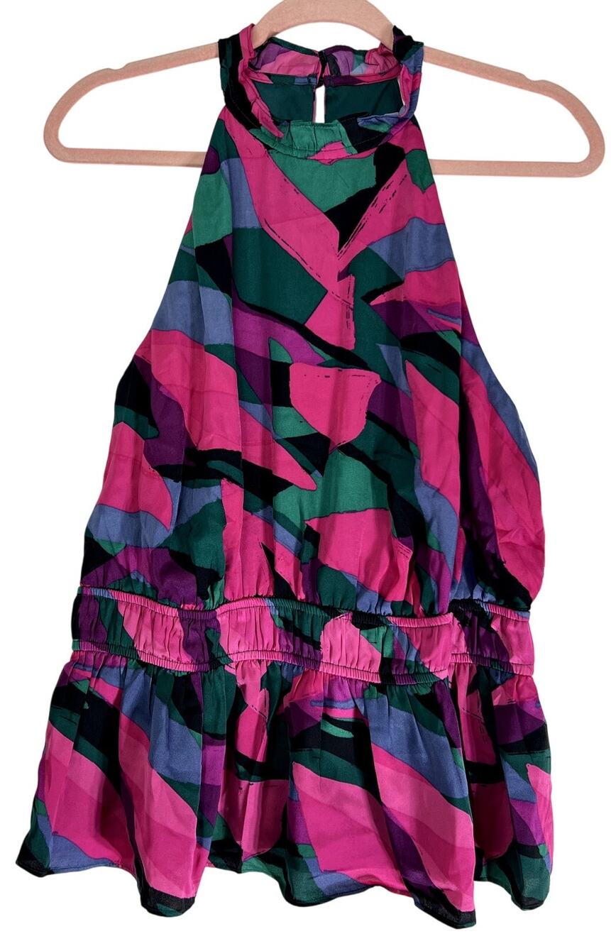 NWT Nine West Halter Pink Abstract Silky Ruffle Dressy Peplum Blouse Top Size L